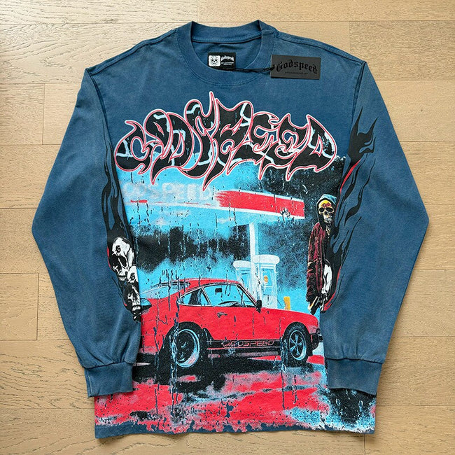 GodSpeed Washed Black Motorcycle Graphic Long Sleeve T-Shirt Hover Image