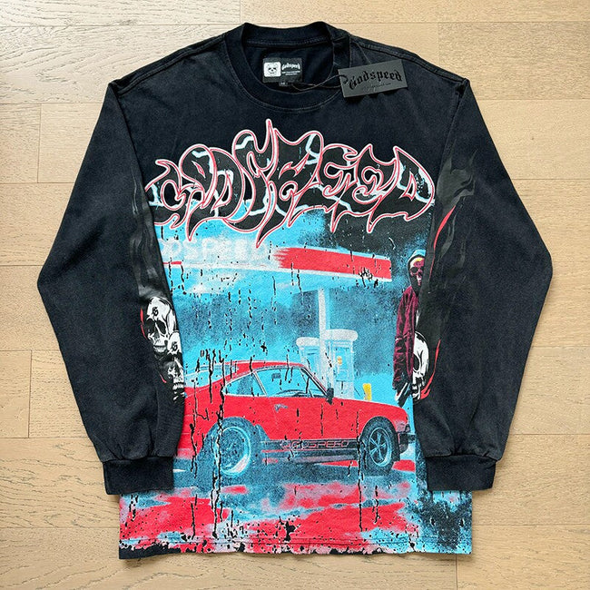 GodSpeed Washed Black Car Graphic Long Sleeve T-Shirt Hover Image
