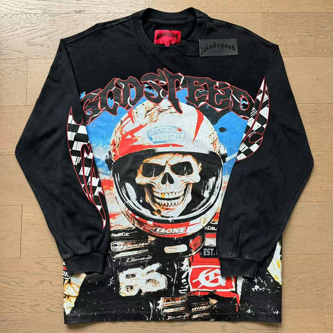 GodSpeed Washed Black Racing Skull Graphic Long Sleeve T-Shirt Hover Image