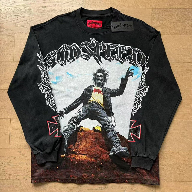 GodSpeed Washed Black Skull Biker Graphic Long Sleeve T-Shirt Hover Image