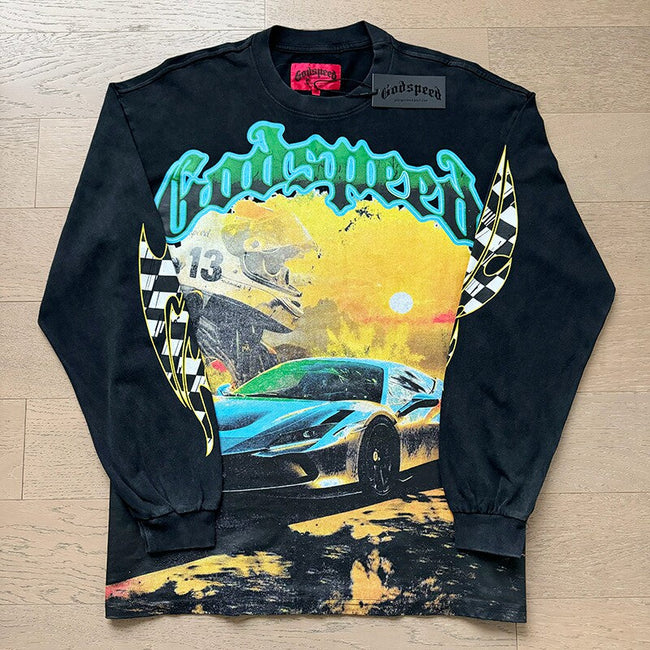GodSpeed Washed Black Supercar Graphic Long Sleeve T-Shirt Hover Image