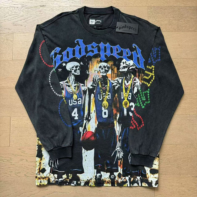 GodSpeed Washed Black Basketball Skull Graphic Long Sleeve T-Shirt Hover Image