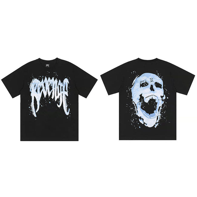 REVENGE Blue Skull Splatter Graphic T-Shirt Hover Image