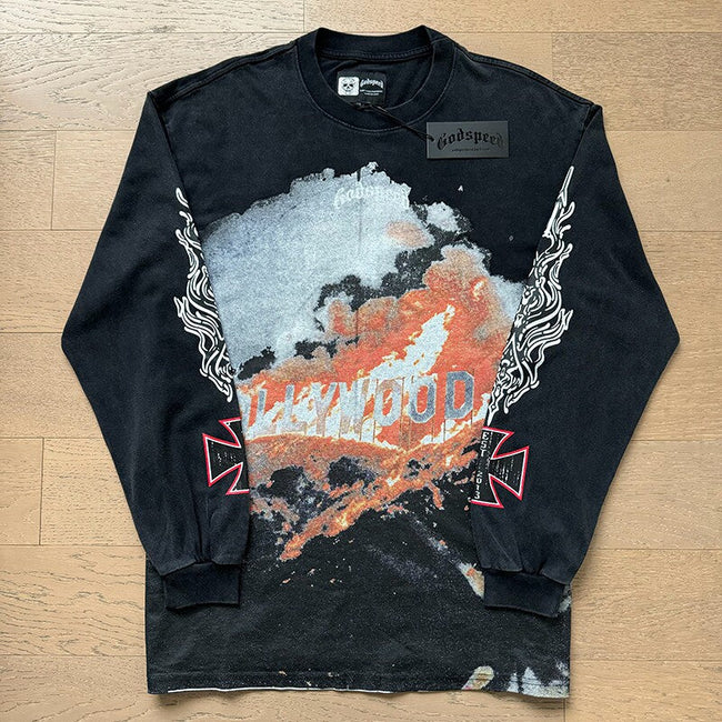 GodSpeed Washed Black Hollywood Graphic Long Sleeve T-Shirt Hover Image