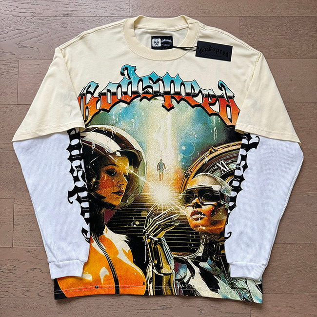 GodSpeed Cream Space Graphic Layered Long Sleeve T-Shirt Hover Image