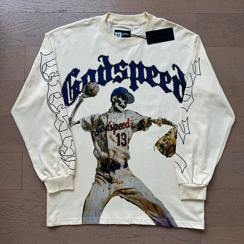 GodSpeed Cream Baseball Skull Graphic Long Sleeve