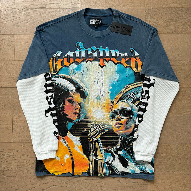 GodSpeed Blue Space Graphic Layered Long Sleeve T-Shirt Hover Image