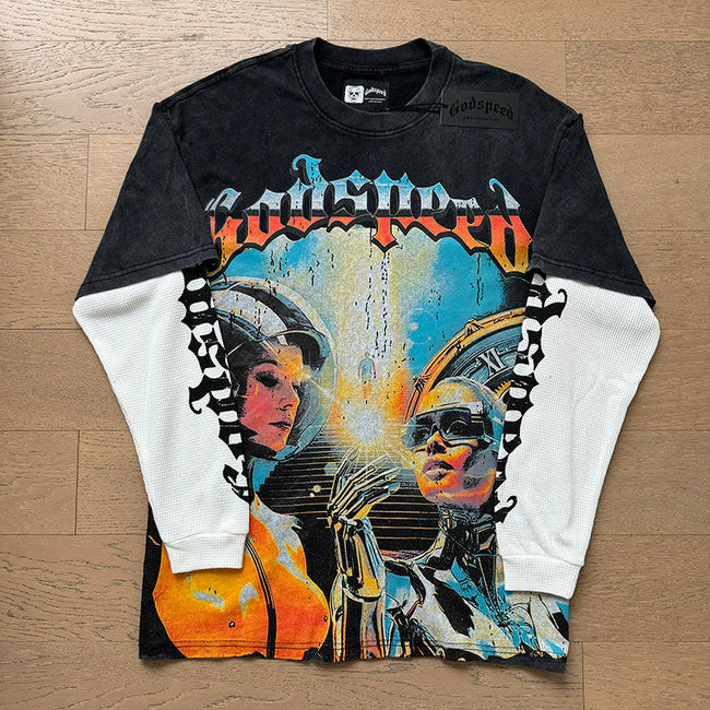 GodSpeed Black Space Graphic Layered Long Sleeve T-Shirt Hover Image