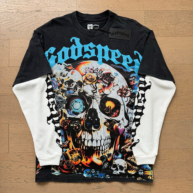GodSpeed Skull Rose Graphic Layered Long Sleeve T-Shirt Hover Image