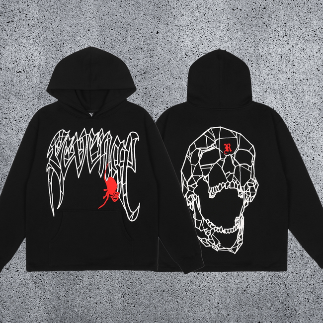 REVENGE Spider Skull Graphic Hoodie – Black Hover Image