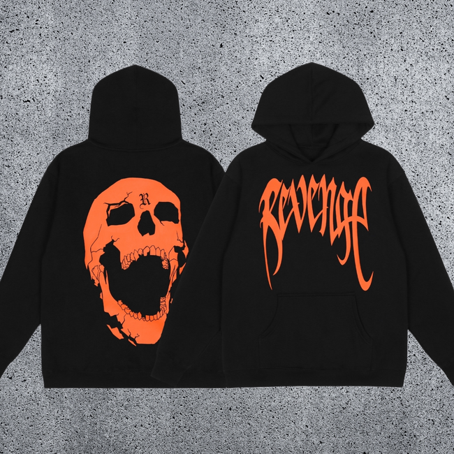 REVENGE Orange Skull Graphic Pullover Hoodie Hover Image