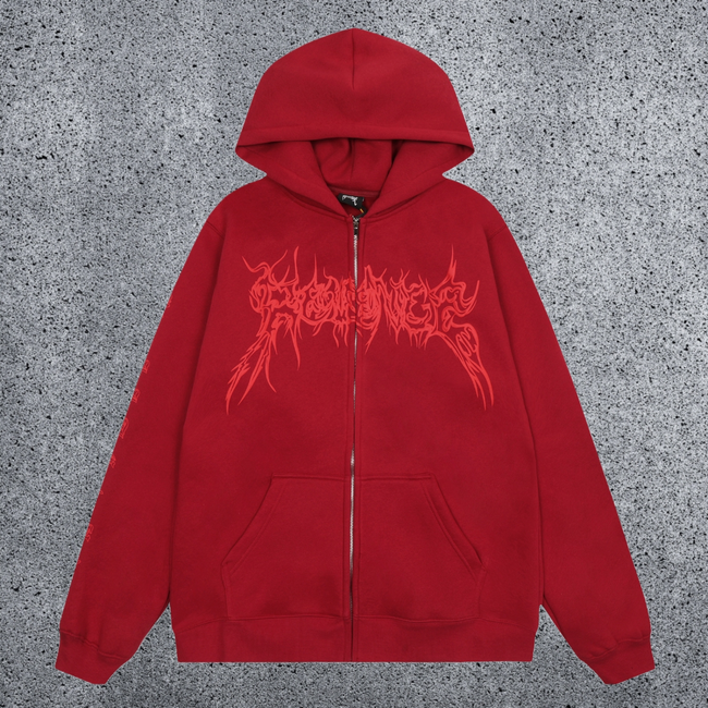 REVENGE Gothic Flame Zip-Up Fleece Hoodie Hover Image