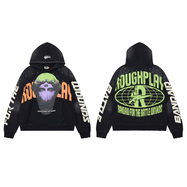 ROUGHPLAY Can't Feel My Face Graphic Oversized Hoodie – Vintage Washed Streetwear Pullover Hover Image