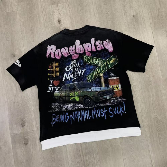 Vintage Urban Graphic Oversized T Shirt Men Washed Black Streetwear Short Sleeve Tee Hover Image