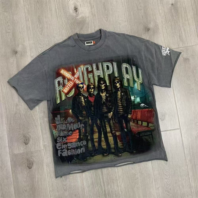 Roughplay Vintage Graphic Oversized T-Shirt Collection – Streetwear Washed Tee with Rhinestone Print Hover Image