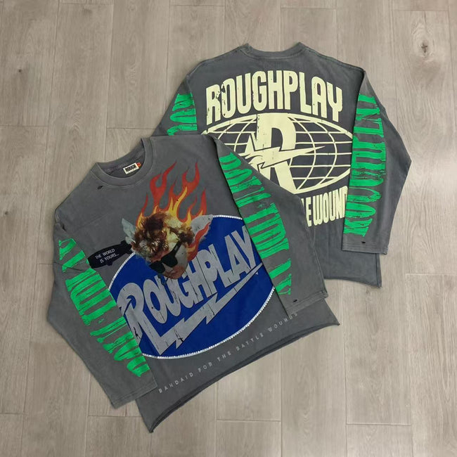 Vintage Washed Flame Graphic Oversized Long Sleeve T-Shirt Hover Image