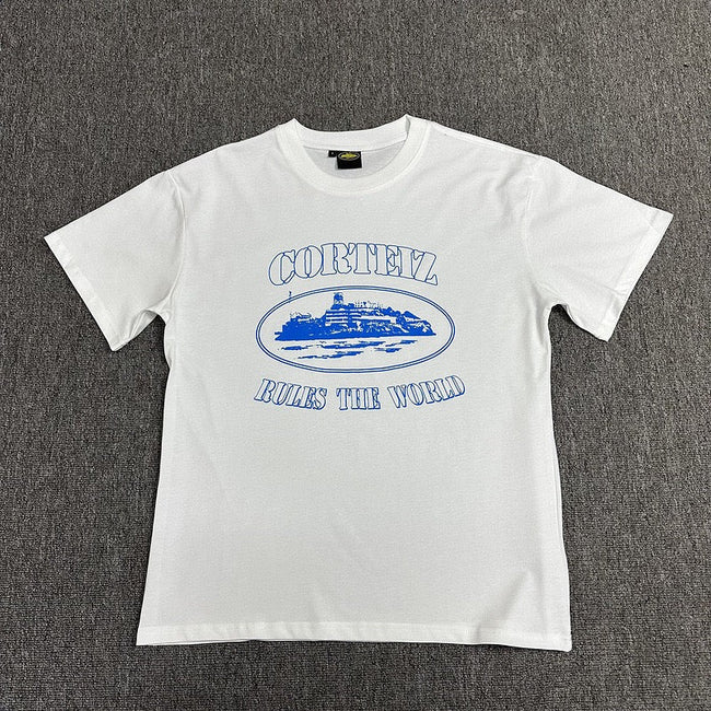 Blue Graphic Print White T-Shirt Unisex Streetwear Casual Short Sleeve Tee Hover Image