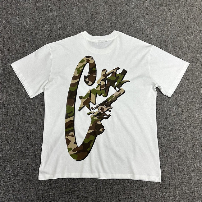 Camouflage Graphic Print White T-Shirt Unisex Streetwear Casual Short Sleeve Tee Hover Image