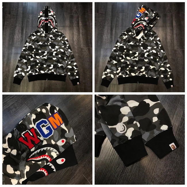 BAPE Shark Camo Full Zip Hoodie Black Grey Hover Image