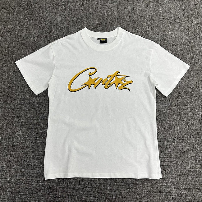 Golden Graphic Print White T-Shirt Unisex Streetwear Casual Short Sleeve Tee Hover Image