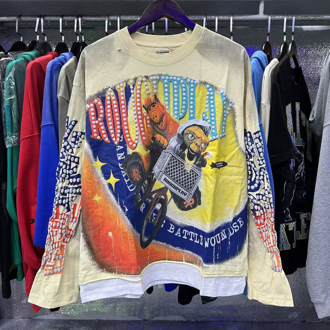 Vintage Cartoon Bicycle Graphic Oversized Long Sleeve T-Shirt – Cream Hover Image