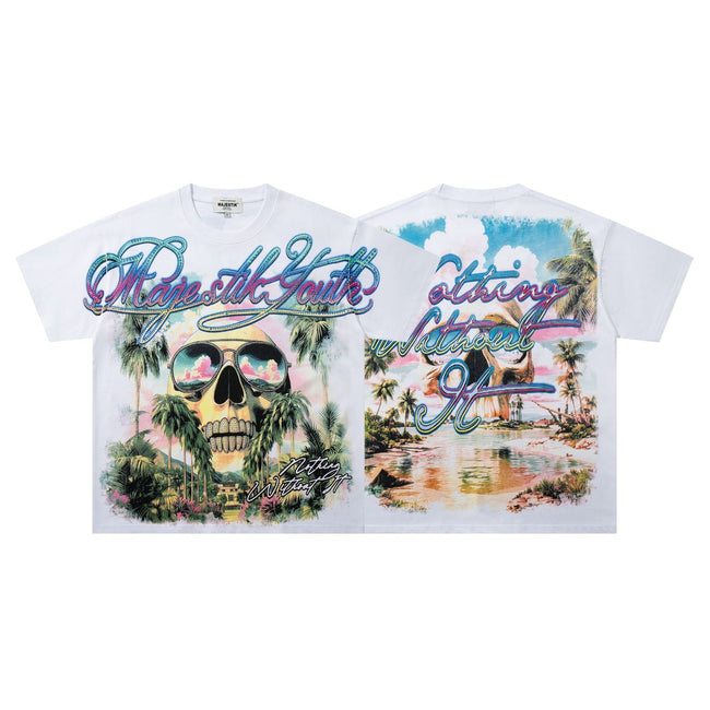 MAJESTIK Tropical Skull Graphic Streetwear T-Shirt Hover Image
