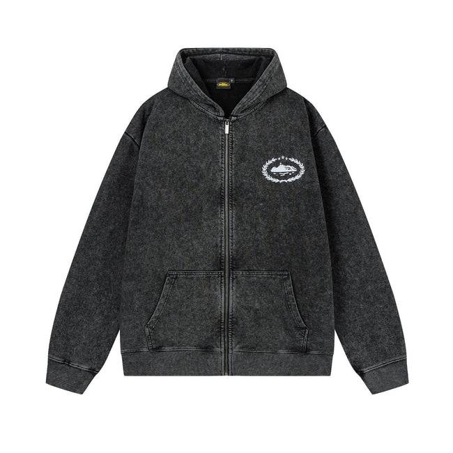 Vintage Washed Black Zip Up Hoodie Unisex Streetwear Casual Jacket Hover Image