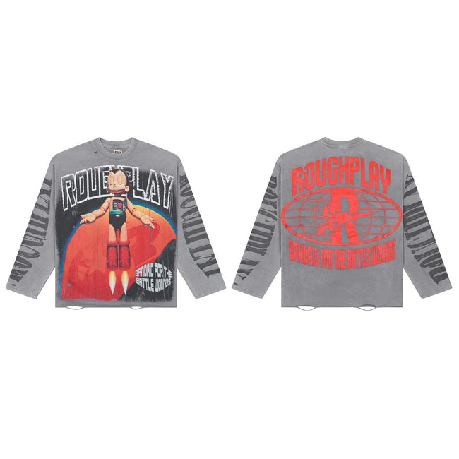 Vintage Washed Robot Graphic Oversized Long Sleeve T-Shirt Hover Image