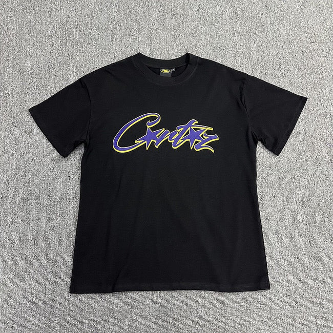 Purple Yellow Graphic Print Black T-Shirt Unisex Streetwear Casual Short Sleeve Tee Hover Image