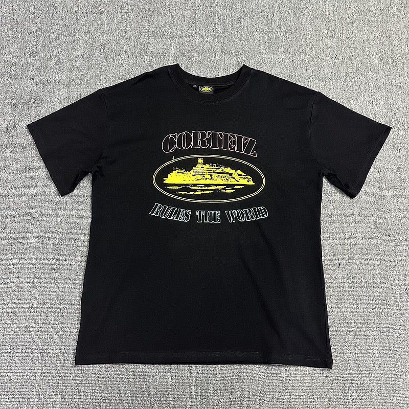 Yellow Graphic Print Black T-Shirt Unisex Streetwear Casual Short Sleeve Tee