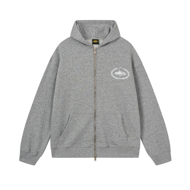 Grey Zip Up Hoodie Unisex Streetwear Casual Hooded Jacket Hover Image