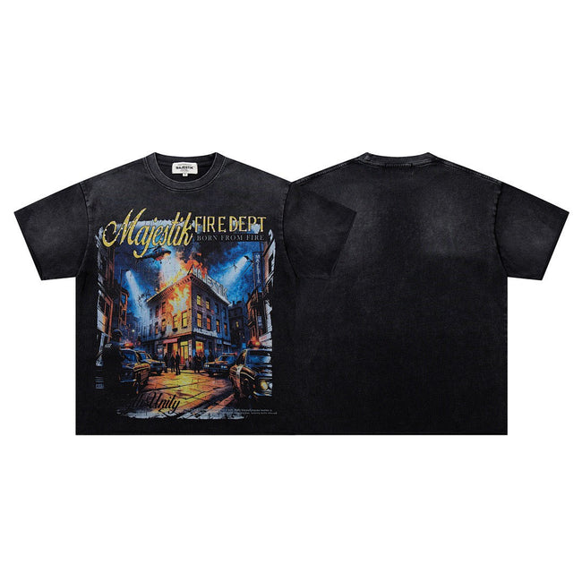 MAJESTIK Fire Dept Vintage Graphic T-Shirt Hover Image