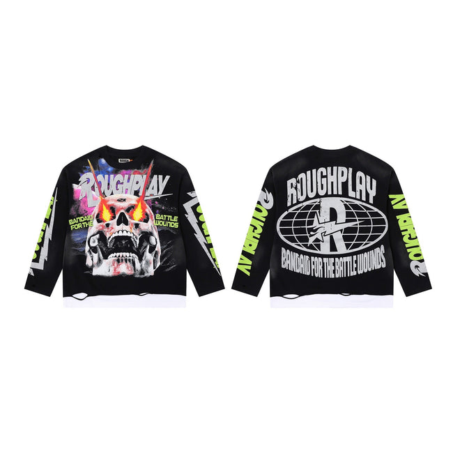 Men's Vintage Skull Graphic Oversized Long Sleeve T-Shirt – Streetwear Cotton Tee Hover Image