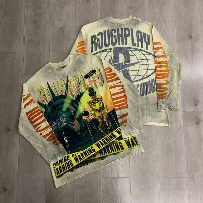 Vintage Washed Statue Graphic Oversized Long Sleeve T-Shirt Hover Image
