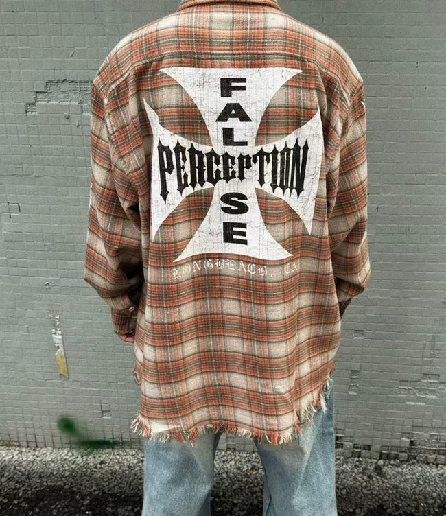 MIXED EMOTION Plaid Graphic Distressed Shirt Main Image