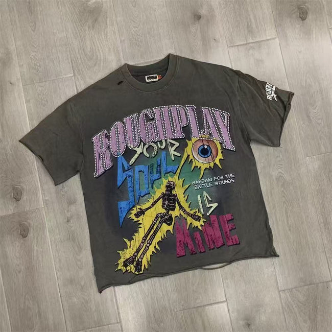 Roughplay Cartoon Graphic Oversized T-Shirt – Vintage Washed Streetwear Tee with Rhinestone Print Hover Image