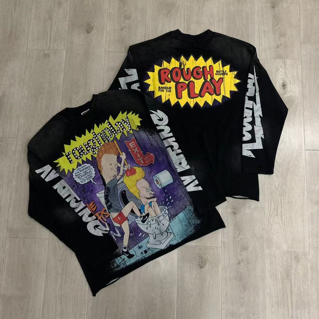 Vintage Washed Cartoon Graphic Oversized Long Sleeve T-Shirt Hover Image