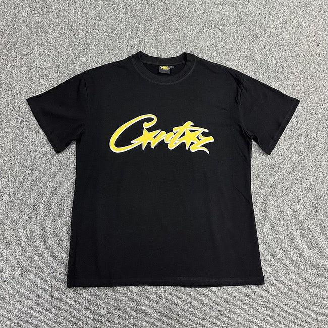 Yellow Graphic Print Black T-Shirt Unisex Streetwear Casual Short Sleeve Tee Hover Image