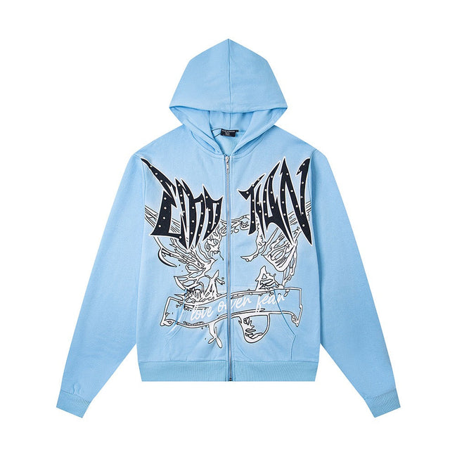 EMOTION Angel Graphic Blue Zip Up Hoodie Hover Image