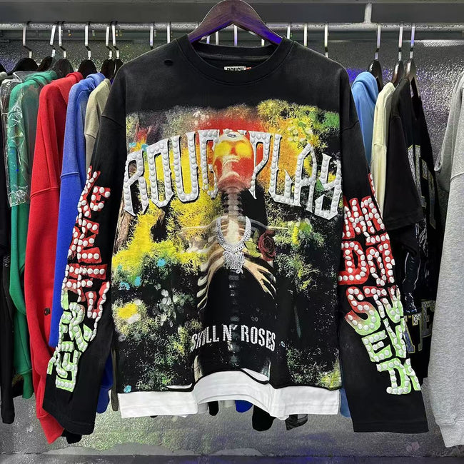 Vintage Rough Play Skeleton Graphic Long Sleeve T-Shirt – Distressed Streetwear Oversized Tee Hover Image